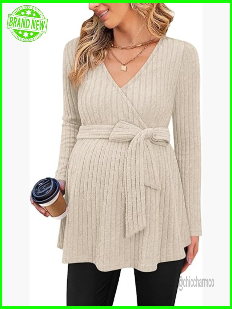 Maternity Long Sleeve V-Neck Ribbed Knit Blouse Nursing Top